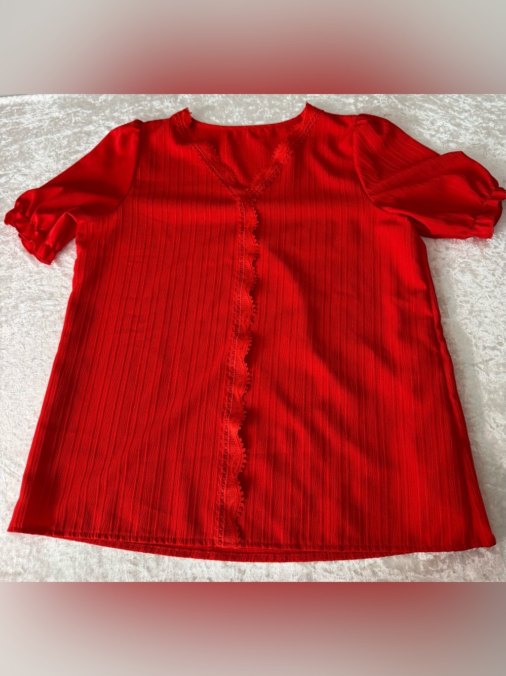 Red Ribbed Lace Trim Puff Sleeve Blouse Top Size L Soft Lightweight Casual